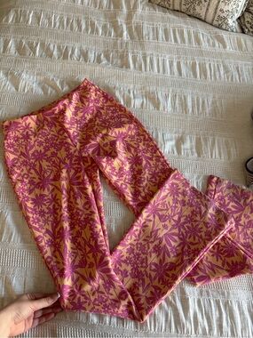 Pink and Orange Floral Print High-Waist Flare Pants